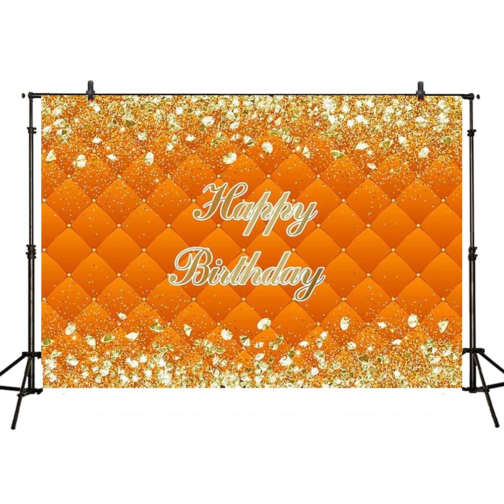 Happy Birthday Theme Background Adult Gold Glitter and Sliver Diamonds Backdrop Women Orange Headboard Party Decorations Props (7x5ft)