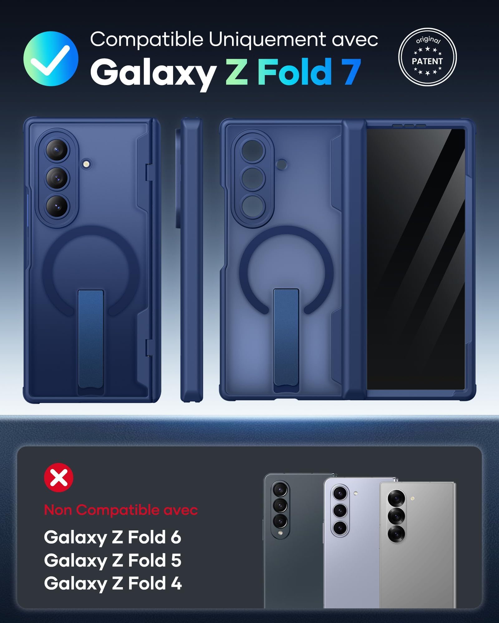 Custodia per Samsung Galaxy Z Fold 7 con pellicola protettiva frontale integrata, compatibile con MagSafe, supporto integrato e protezione cerniere, custodia protettiva antiurto per Fold 7, blu