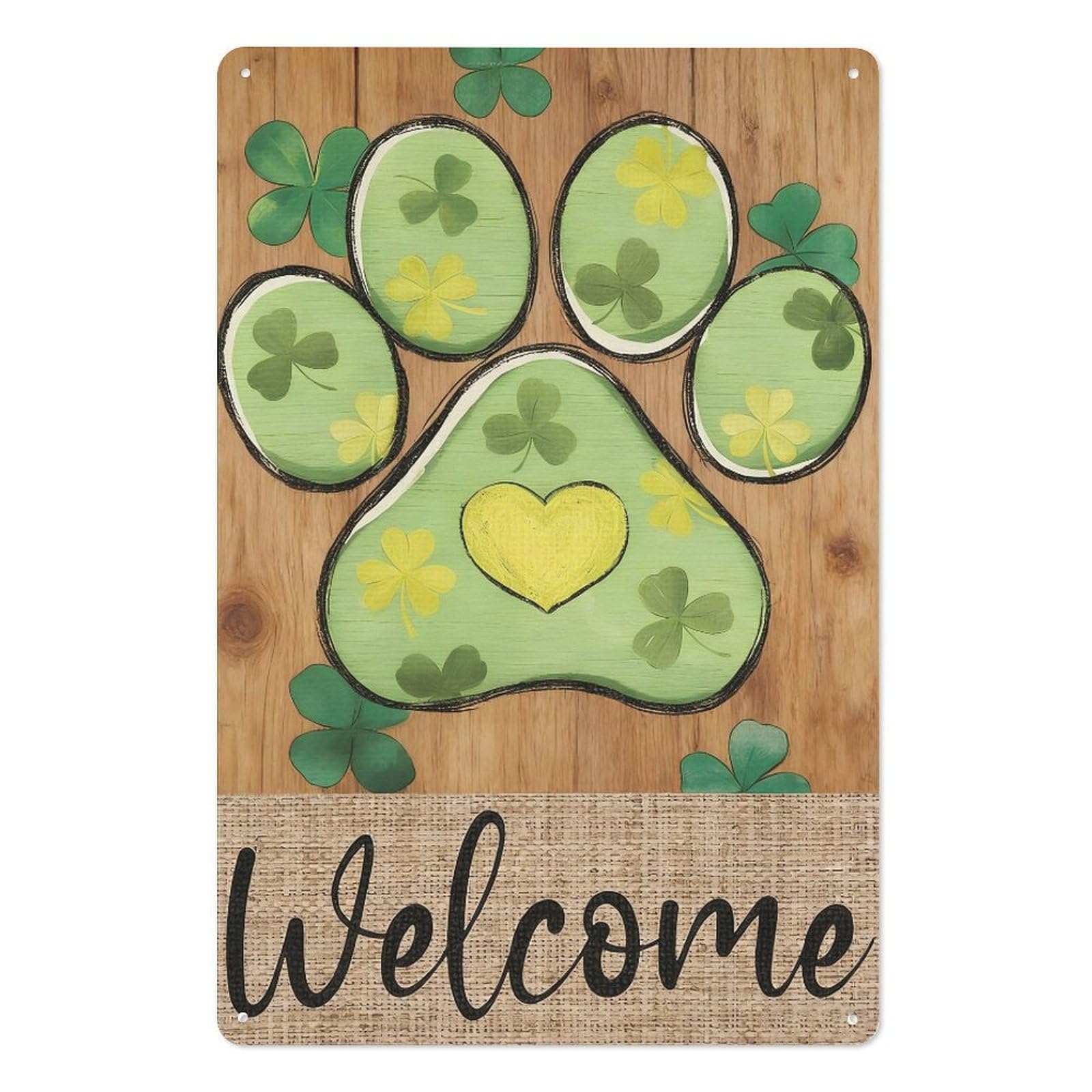 peiyeety Welcome St Patrick’s Day Metal Tin Sign 8x12 Inch – Green Dog Paw Shamrock Wall Decor Plaque for Home Bar Pub Party Indoor Outdoor