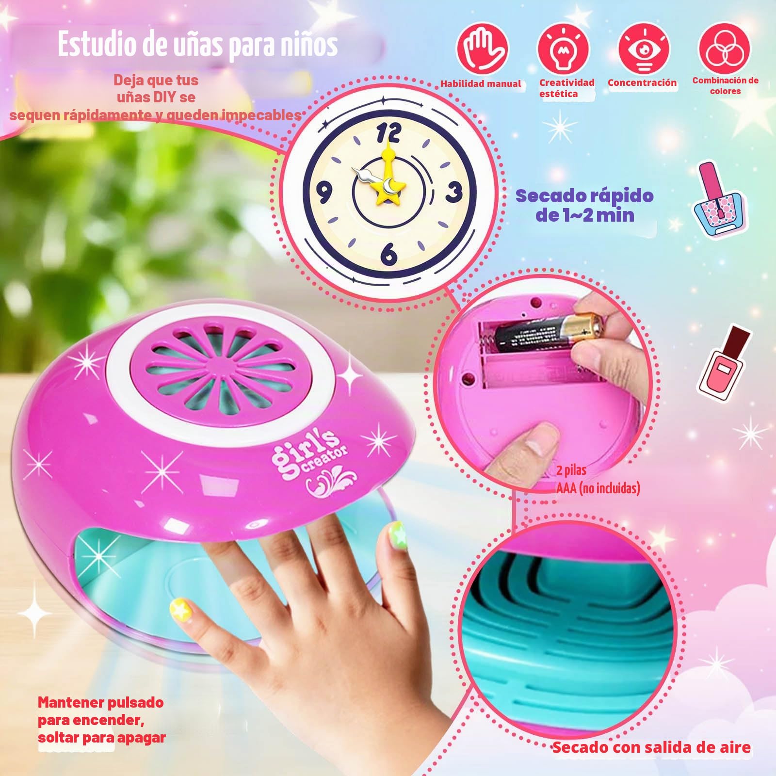 Set Manicura Niñas, Kit Arte de uñas para Niños, Kit Pintauñas Niñas, Juegos Salón Manicura Fluorescente, Estudio Uñas Juego Maquillaje con Postizas, Regalo 6 7 8 9 10 Años