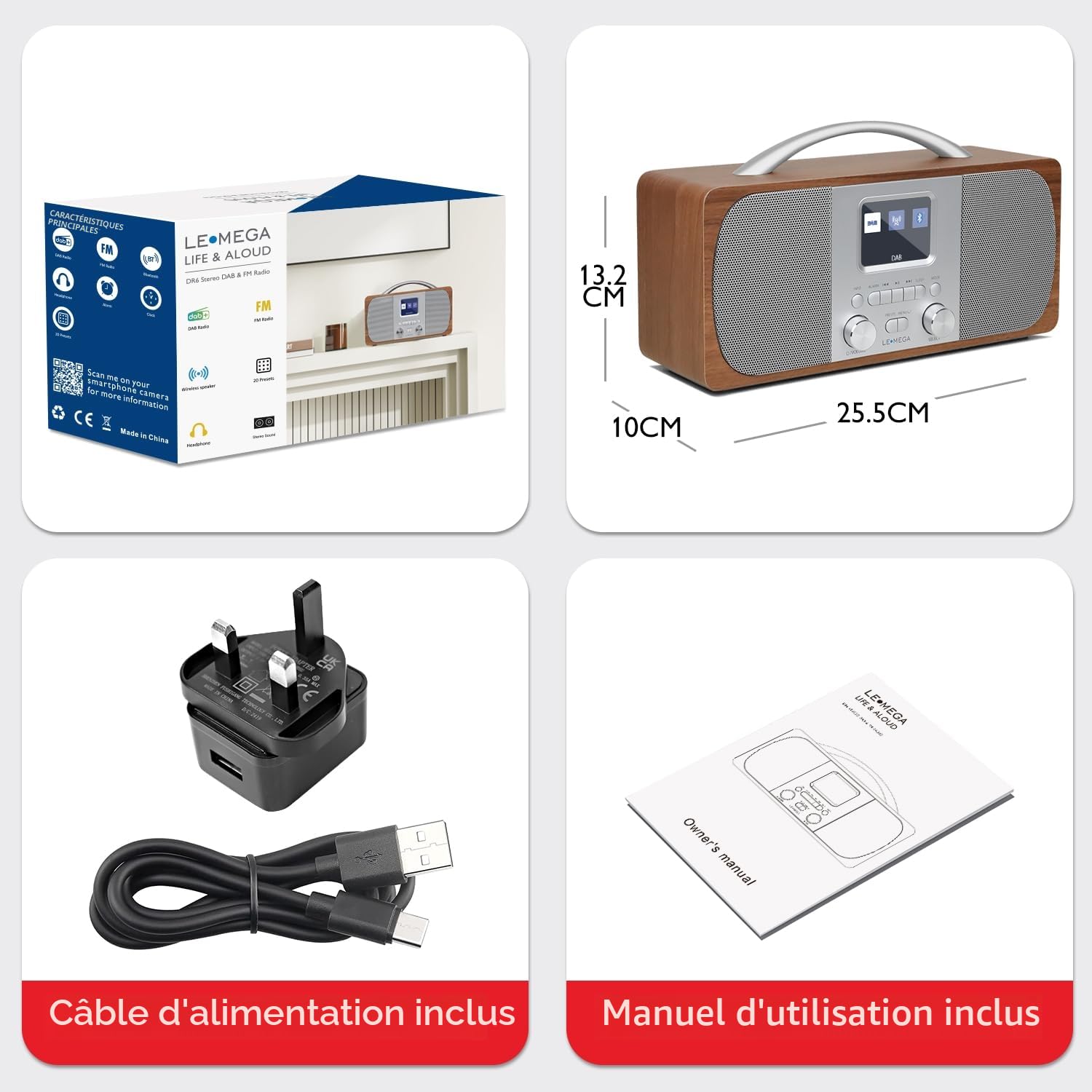 LEMEGA DR6 Poste Radio Stereo DAB/DAB+ Numérique avec Bluetooth, FM, Radio Réveil - Noyer