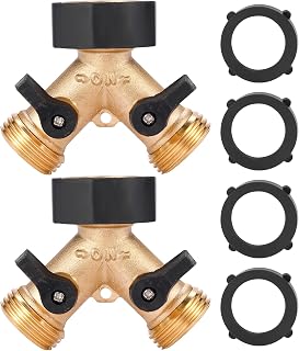Garden Hose Splitter 2 Way Heavy Duty, Y Connector Brass Garden Hose Adapter, 2 Pack Hose Bib Splitter with 4 Extra Rubber Washers | Brass Garden Hose Adapter Hose Bib Splitter with 4 Extra Rubber Washers
