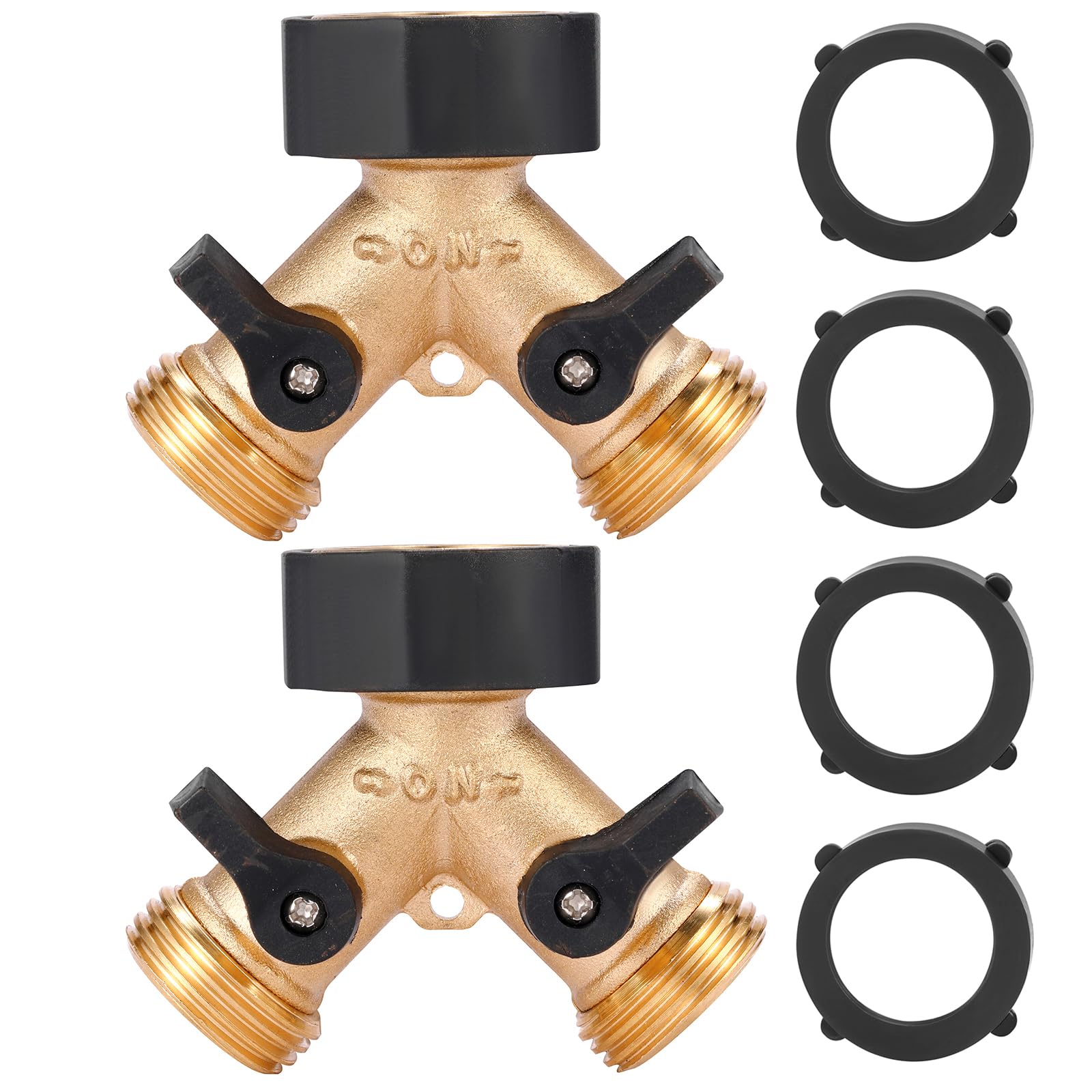 Garden Hose Splitter 2 Way Heavy Duty, Y Connector Brass Garden Hose Adapter, 2 Pack Hose Bib Splitter with 4 Extra Rubber Washers
