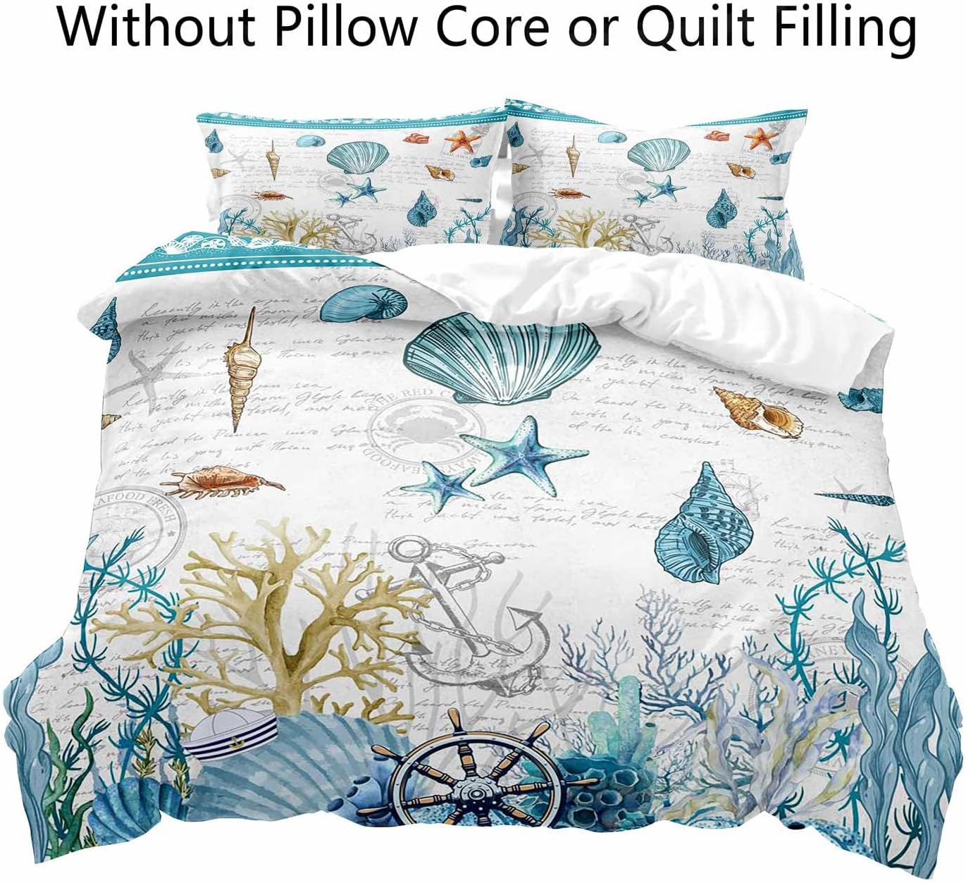 LUVIVIHOME 3PCS Nautical Coastal Bedding Set, White Duvet Cover King, Teal Blue Starfish Seashell Conch Coral Seaweed Anchor Rudder Ocean Sea Marine Summer Beach Comforter Quilt Cover, 2 Pillow Cases