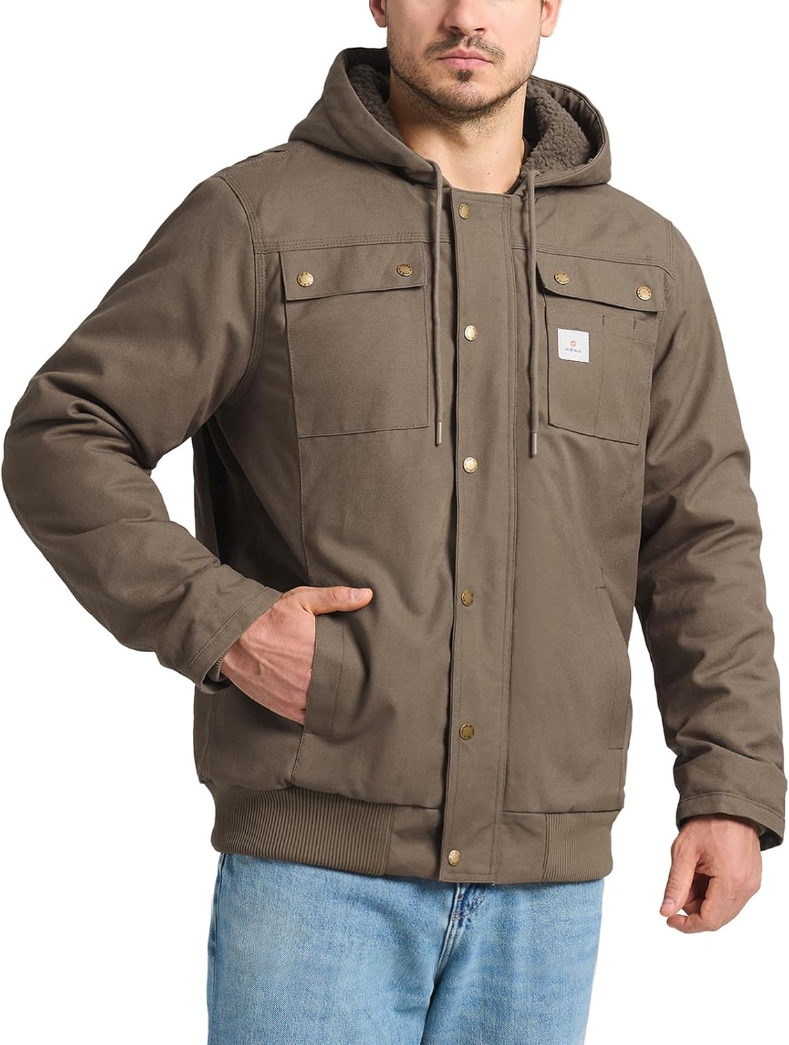 HISEA Men's Sherpa Work Jacket, Winter Water Resistant Hooded Duck Canvas Coat, Relaxed Fit Fleece Insulated Utility Jackets