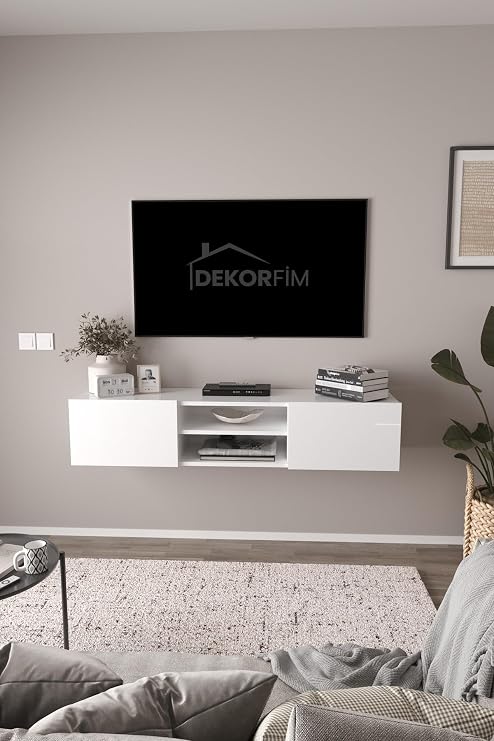 DF17102 LED Işıklı Duvara Monte TV Ünitesi, 2 Kapaklı Dolaplı, Raflı 150 cm TV Alt Ünitesi BEYAZ