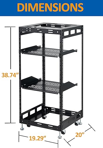 Miniatura 2 de Rack de marco abierto de 20U para servidores y equipos AV - Diseño de montaje en pared que incluye 2 estantes ventilados, 4 pies de nivelación, 4