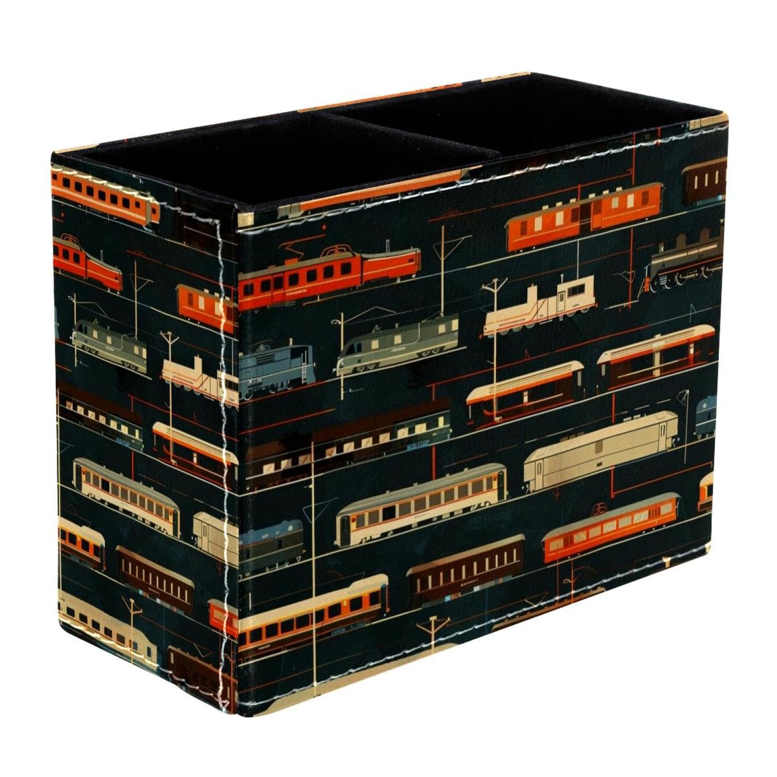 VAPOKF Vintage Trains Pen Holder for Desk, 2 Compartments Pen Pot Pencil Holders Makeup Brushes Storage Desktop Stationary Supplies Organiser for Home Office