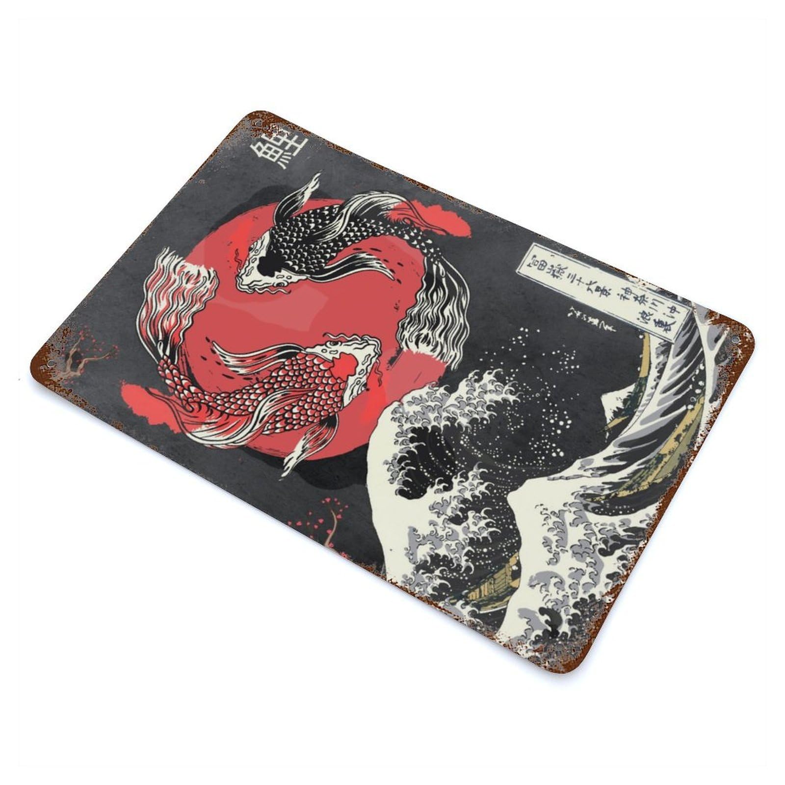 Rust Effect Tin Sign Japanese Koi Fish 11.8"x7.9", Vintage Wall Decor for Basement, Hobby Room And Garage Decor