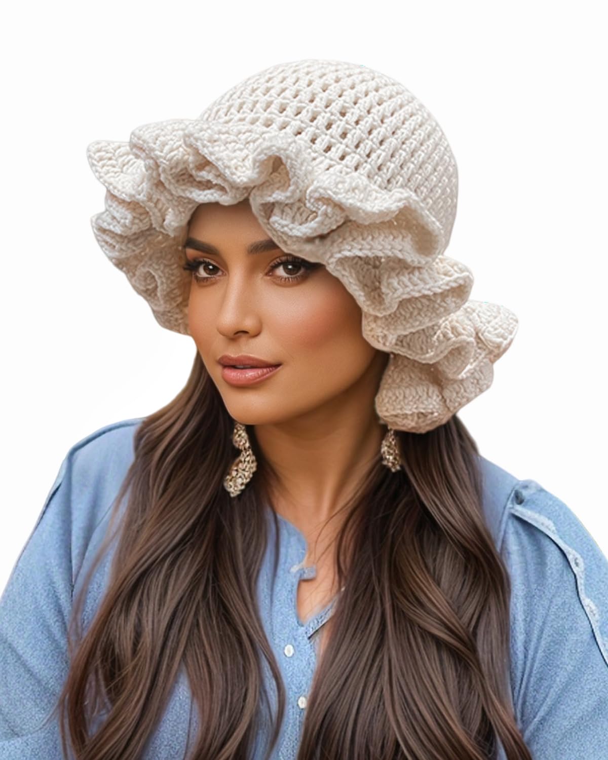 Women Crochet Bucket Hat Cute Winter Ruffled Brim Floppy Cap Handmade Knit Cloche Hats