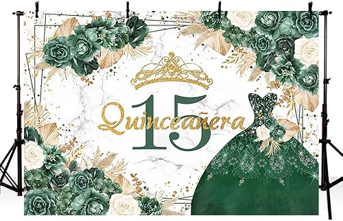 Miniatura 2 de MEHOFOND Telón de fondo bohemio floral de quinceañera de cumpleaños 15 para niñas, rosa verde, hierba de las pampas, Mis membrillo Anos, decoración