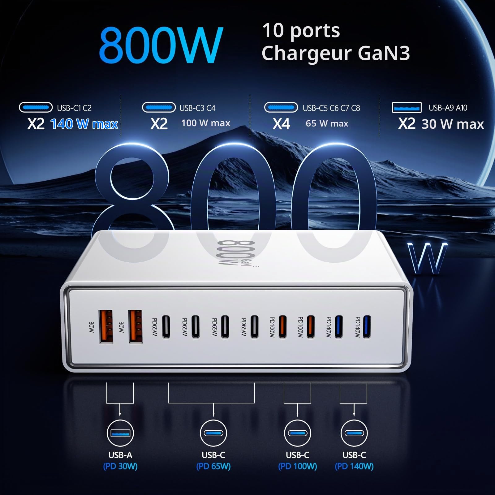 Chargeur USB-C 800W, 10 Ports – 8X USB-C + 2X USB-A, Double PD PPS, Compatible MacBook Pro/Air, iPhone 16/15/14, Galaxy S25/S24/S23
