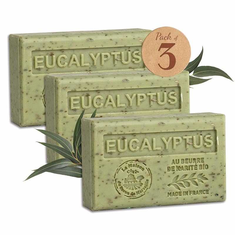 La Maison du Savon de Marseille Sabonete em Barra Esfoliante de Eucalipto, Pacote com 3 unidades de 125 g