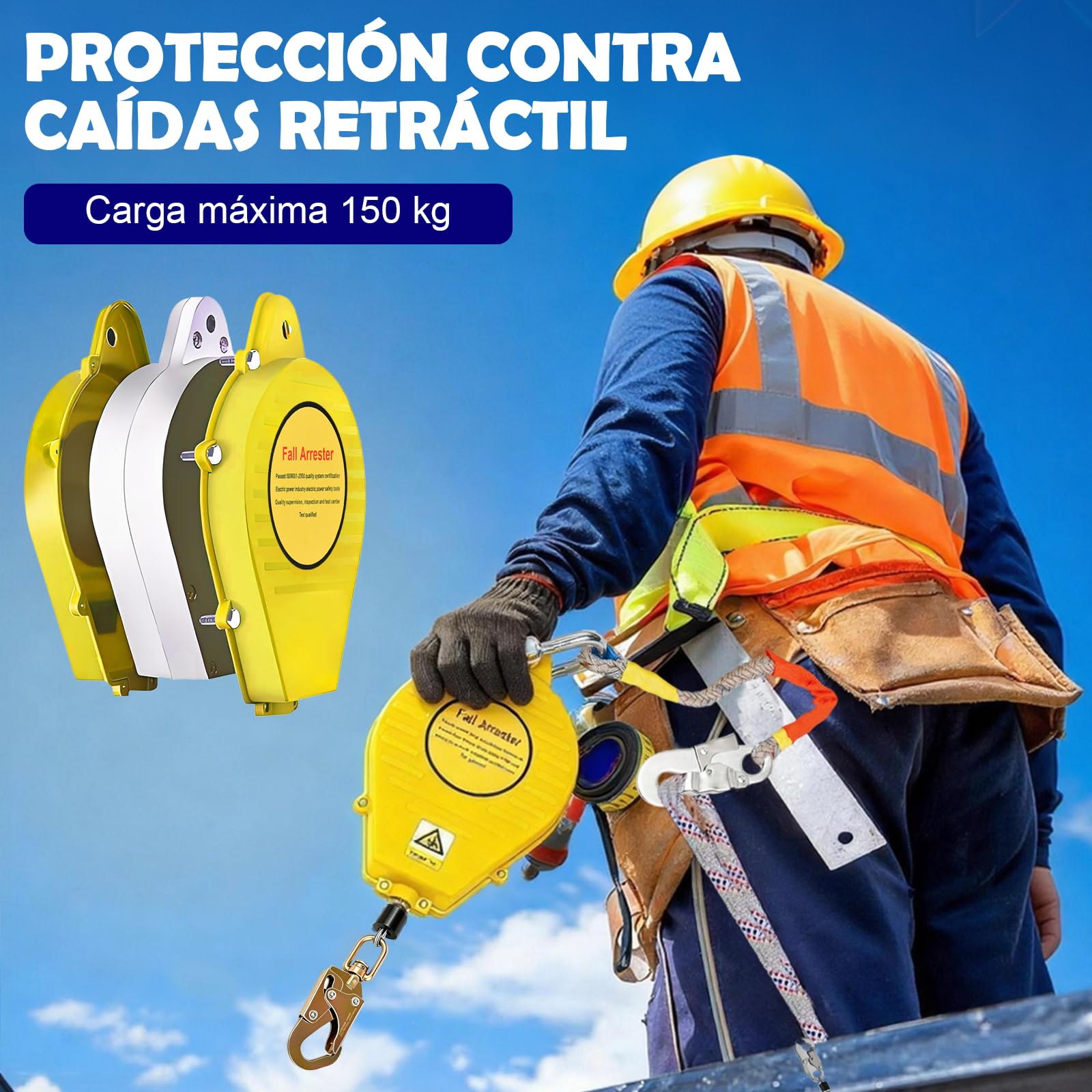 Dispositivo Anticaídas Retráctil 10m, Línea de Vida Retráctil | Arnés de Seguridad para Trabajos en Altura y Construcción, Carga Máxima 150kg