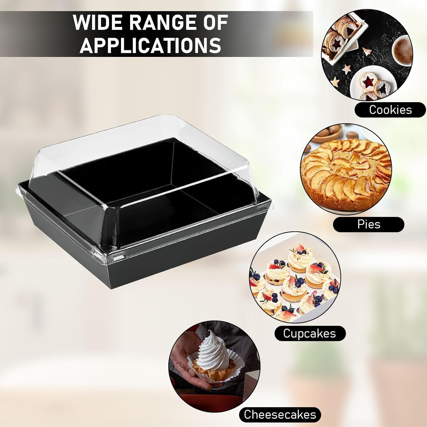 100 scatole nere per salumi, contenitori quadrati in carta con coperchi trasparenti, piccole scatole usa e getta per pasticceria e dessert, panini, biscotti e deserto (12 x 11 x 6 cm)