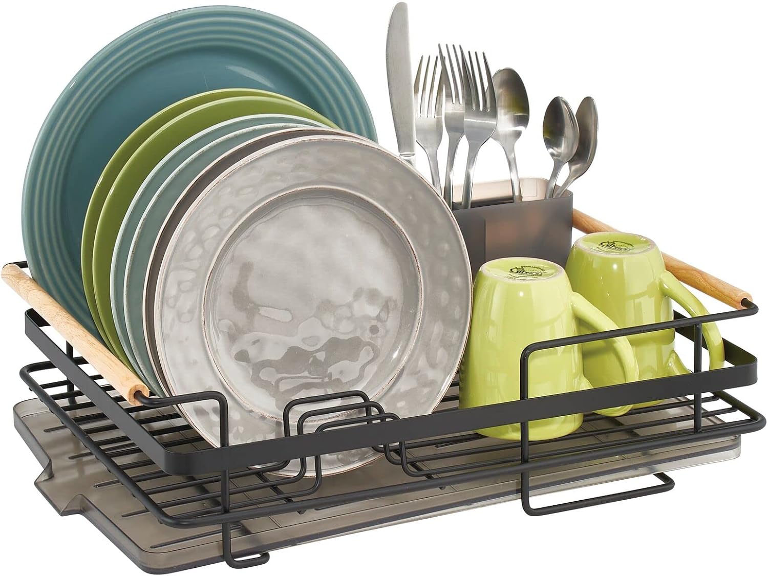 mDesign Modern Metal Kitchen Dish Drainer Drying Rack with Plastic Cutlery Tray, Drainboard, and Natural Wood Handles - Drip Drain Storage for Sink or Countertop - Matte Black/Smoke Gray