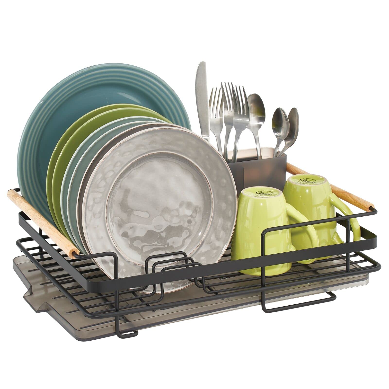 mDesign Escurreplatos de Metal con Asas de Madera – Escurreplatos con Bandeja para Cubiertos y Bandeja de Goteo – Escurreplatos para secar al Aire en la encimera, Color Negro Mate y Natural