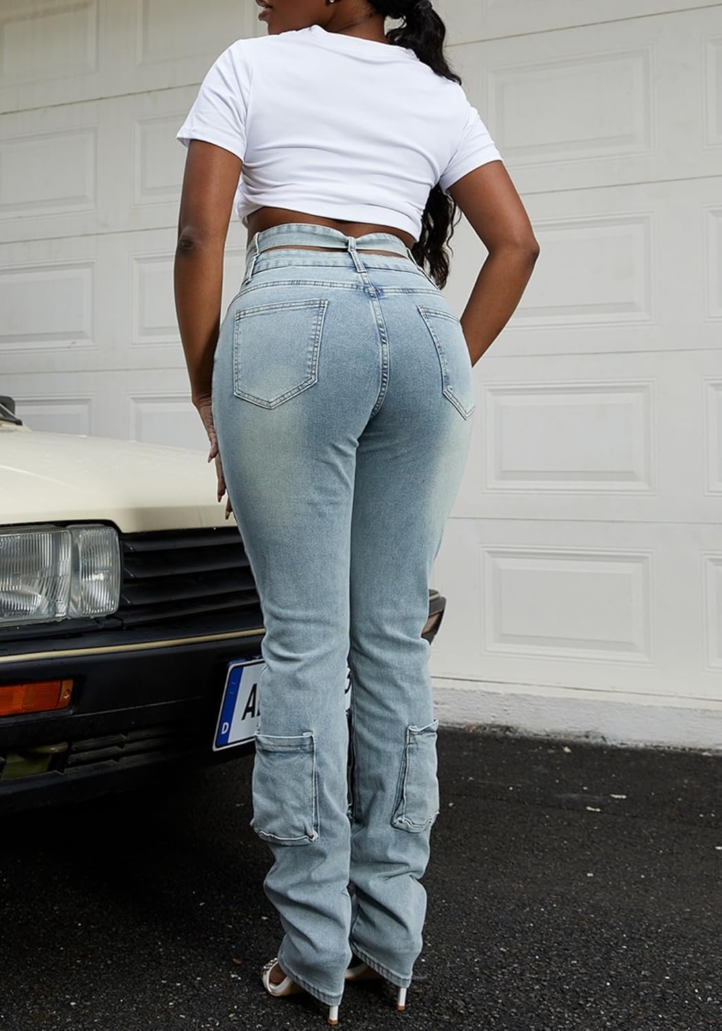 Vaceky Women's Stretch Jeans with Removable Cross Strap Cutout Waist Distressed Cargo Pants - Image 3