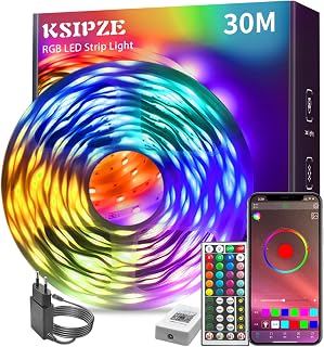 KSIPZE Led Streifen 30m, RGB LED Strip mit Fernbedienung Bluetooth App, Dimmbar Farbwechsel led Lichterkette Lichtband Musik Sync, Selbstklebend Leds Kette Leiste band Beleuchtung für Zimmer Partei