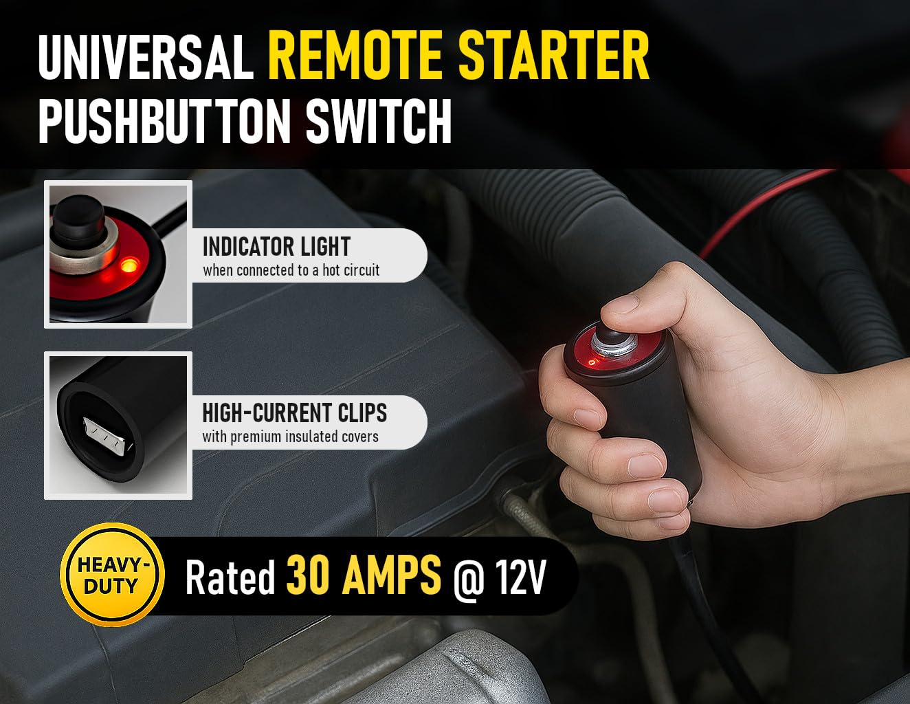 MGI SpeedWare Interruptor de arranque remoto resistente para coche y camión, arranque del motor con cables de 5 pies y clips de cocodrilo