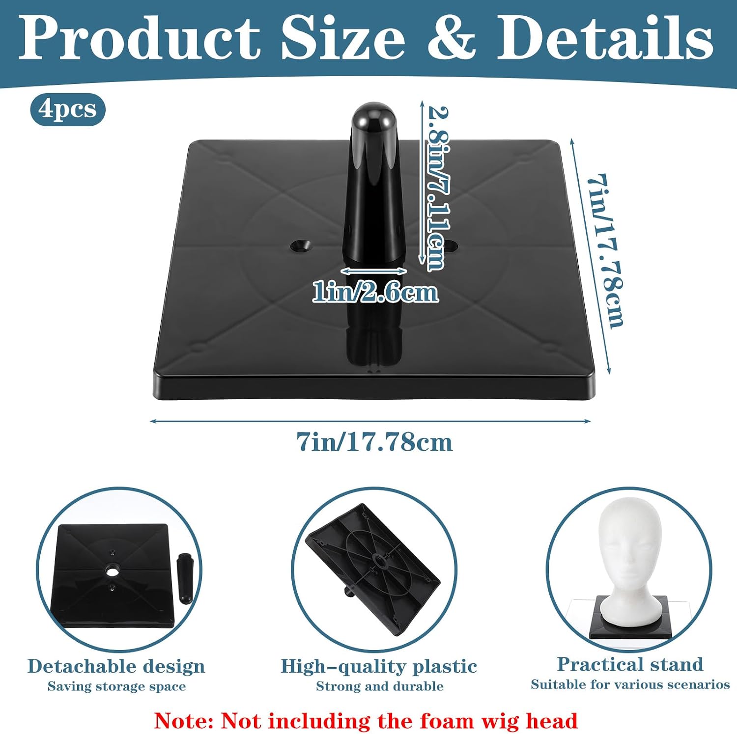 4 Pack Plastic Wig Head Stands Non-Topple Square Base – 7"x7"x3.3" Mannequin Holder for Tabletop Display, Styling, Cosmetology Manikin, Hats, Wigs, Hairpieces & Masks (Black)