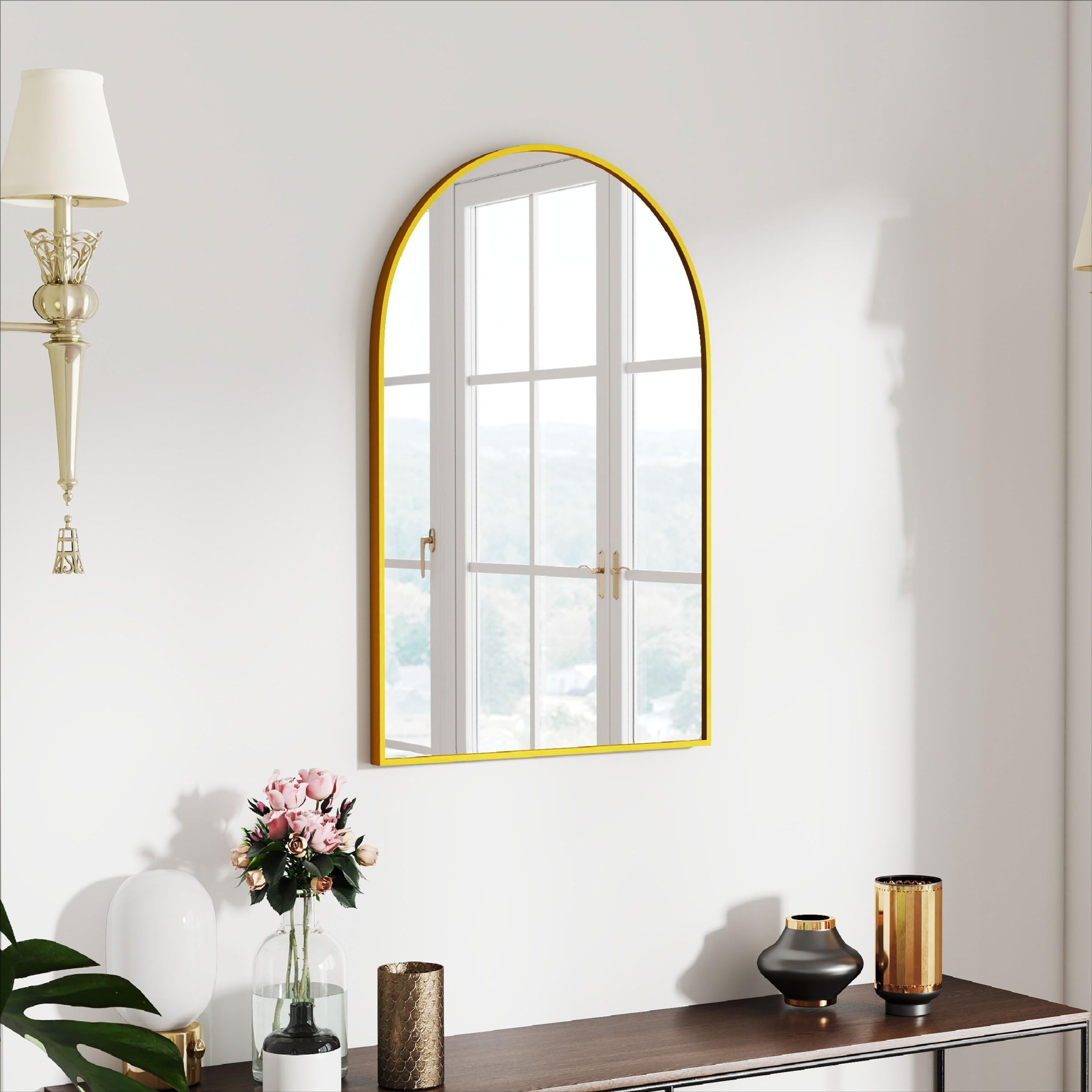 30x20 Arch Mirror Rectangle Wall Mounted Hanging or Against Wall Metal Aluminum Alloy Frame Mirrors for Entryway Bedroom Bathroom Living Room 30 20 inch Gold