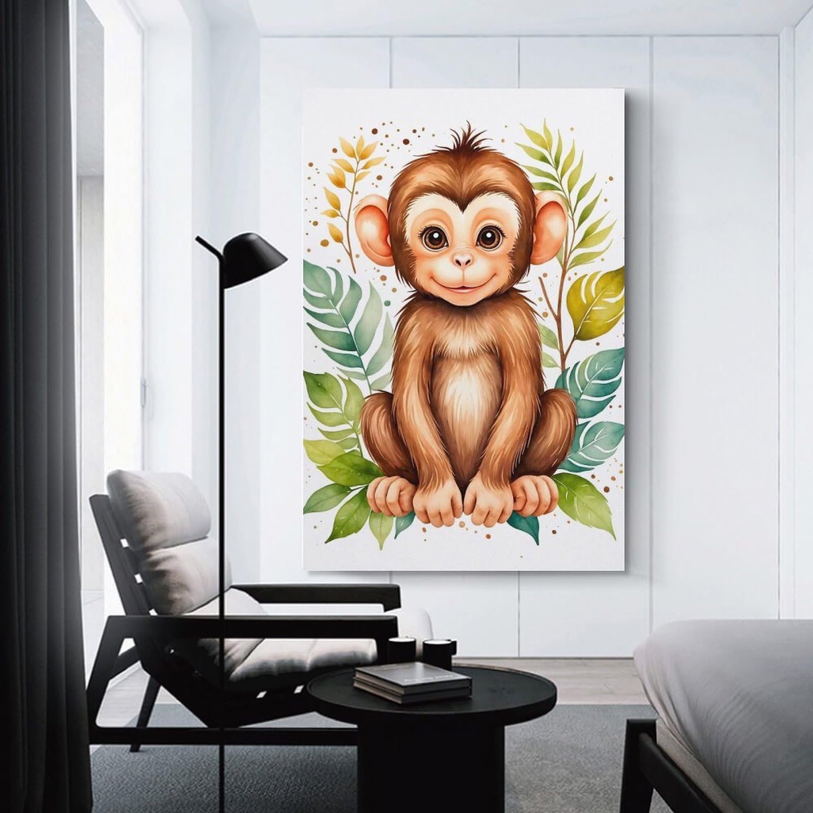 Junmoney Unframe-Style-18 Cute Monkey Watercolor Room Decor Wall Art, 08X12inch(20X30cm), For Home Office, Desk Area Or Studio, An Interior Accent For Desk Areas