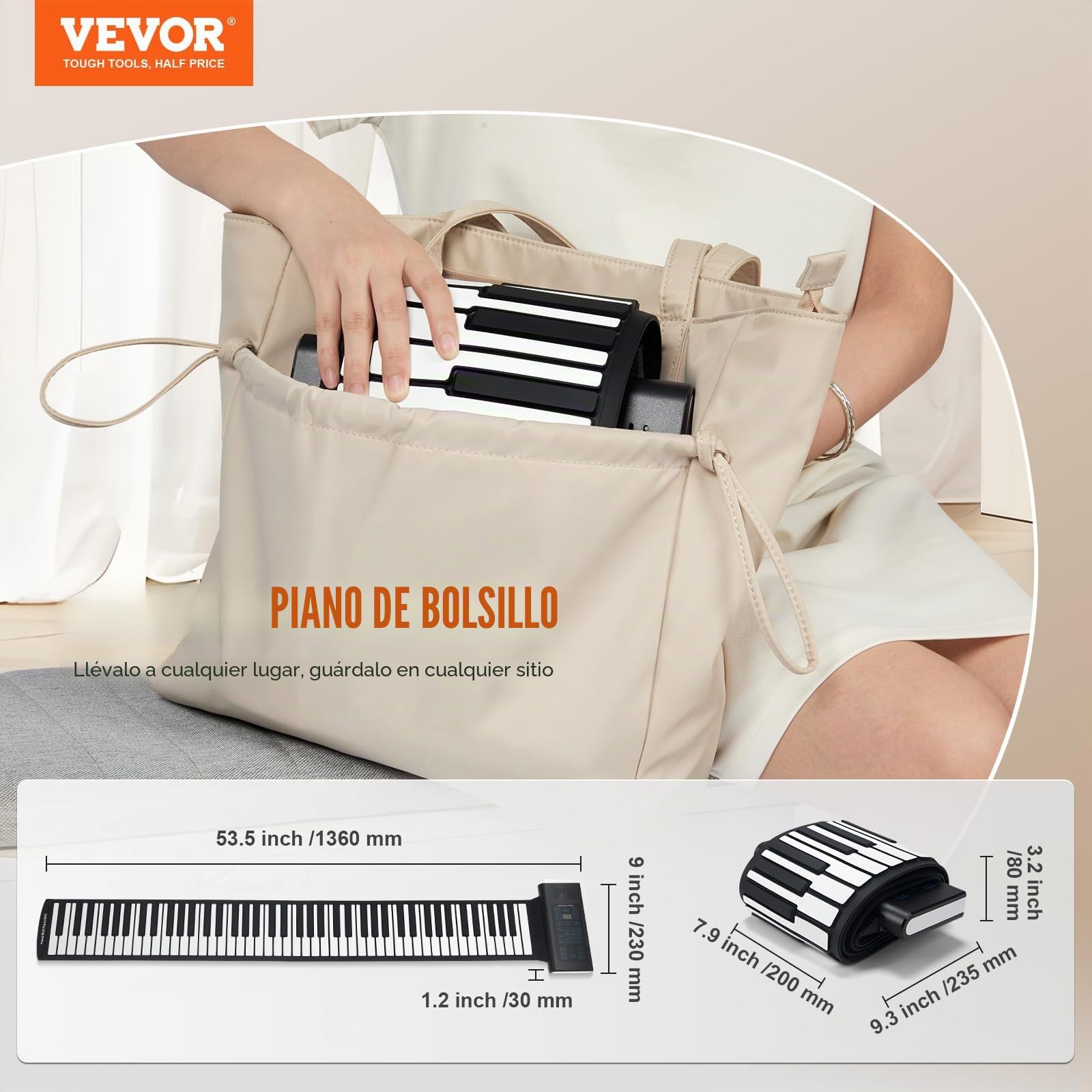 VEVOR Teclado Piano Enrollable 88 Teclas 128 Ritmos 128 Tonos Piano Digital Portátil Recargable con Altavoz 2W Pantalla LED 5 Puertos Función MIDI para Niños, Principiantes, Adultos, Negro
