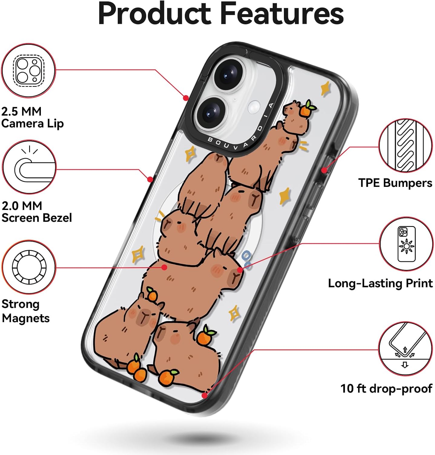 Bouvardia for iPhone 16 Case, Compatible with Magsafe, Cute Girly Design for Women, Shockproof & Aesthetic, Capybaras