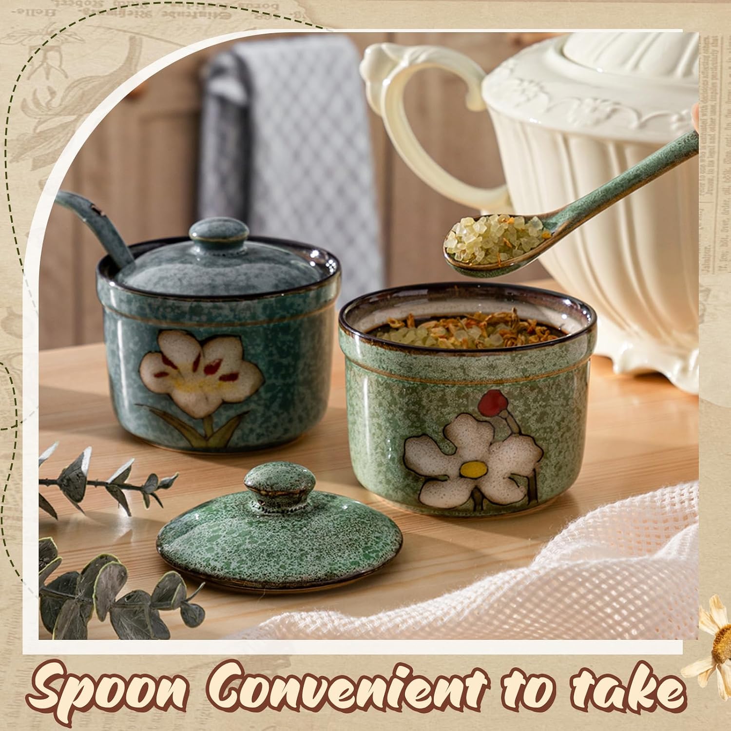 2 Pack Retro Hand Painted Flower Ceramic Salt Pepper Cellar with Lid and Spoon, Heavyweight Round Sugar Spice Containers Porcelain Jar for Housewarming Gift, Artisan Kitchen Decoration