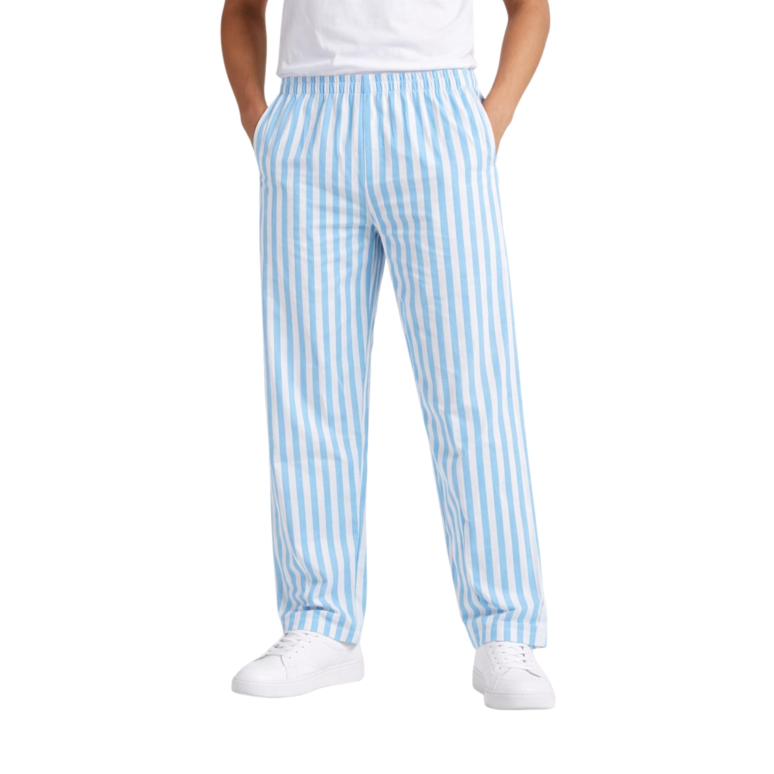 Men Casual Striped Pants Relaxed Fit Elastic Waist Comfortable Lounge Trousers for Home Office Travel and Everyday Wear (Blue and White, XL)-image-37