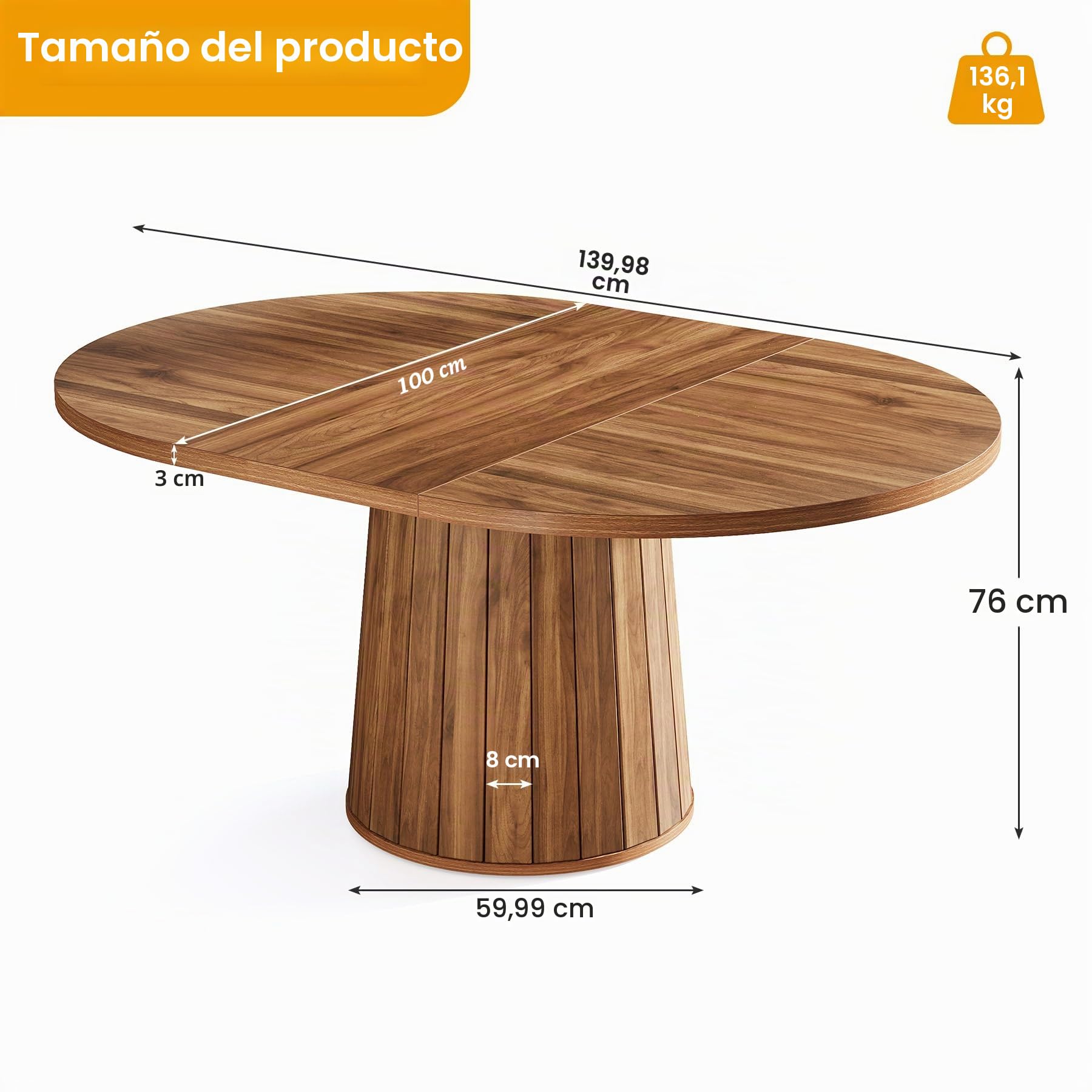 Tribesigns Mesa de comedor ovalada para 6 personas, mesa de comedor de madera de granja de 140 cm, mesa de cocina rústica con tablero de madera y base cilíndrica para comedor (marrón)