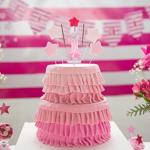 Miniatura 5 de Velas de número de cumpleaños, velas de malla con lazo de corona de 2.95 pulgadas, velas de números rosas con purpurina, velas de cumpleaños con