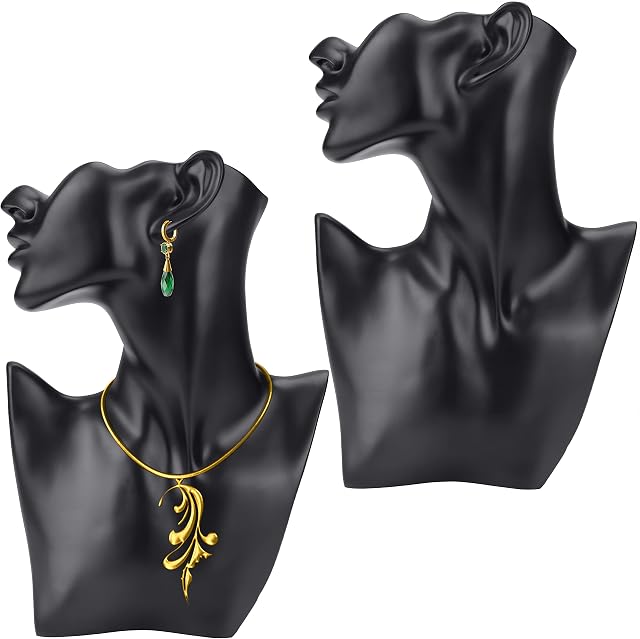 BELLE VOUS 2 Pack Black Resin Necklace Display Bust - 19.3 x 27.3cm/7.6 x 10.75 inches - Jewellery Holder Mannequin Stand Organiser for Earrings, Hanging Chokers, Pendants, Chains & Necklaces