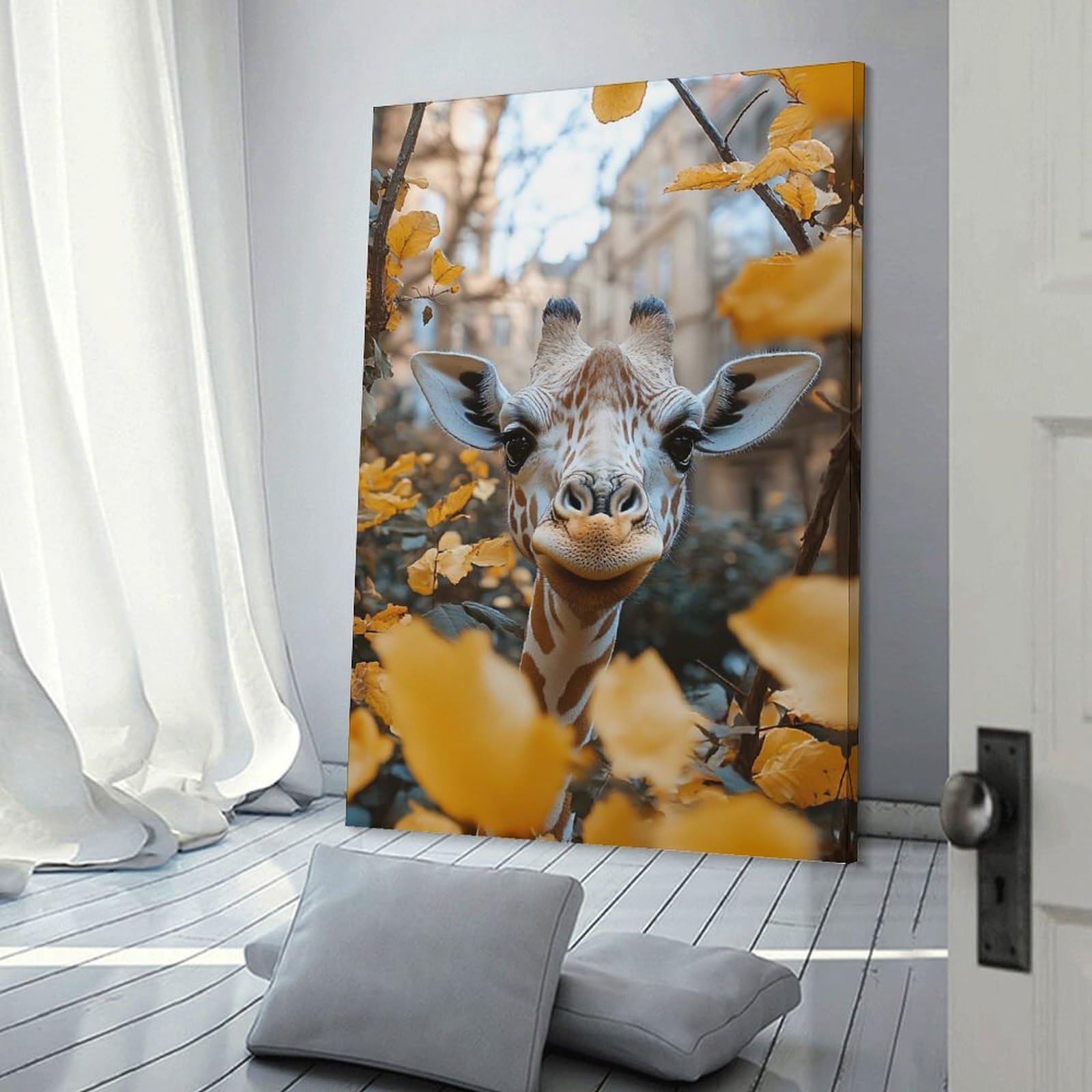 Junmoney Decorative Canvas Print Giraffe Portrait with Autumn Leaves, 20x30inch(50x75cm), for New Homes, Bedrooms Or Workspaces, Thoughtful Wall Decor for Art Lovers