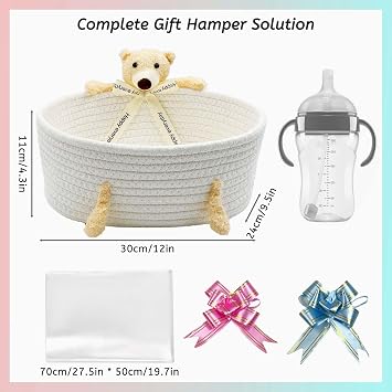 Daily Treasures Bear Empty Hamper Baskets -Hamper Baskets for Baby Shower with Cellophane Bag,Pull Bows & Cards,Cute Woven Storage Basket,Birthday Presents,(30x21CM,White Cotton Rope)