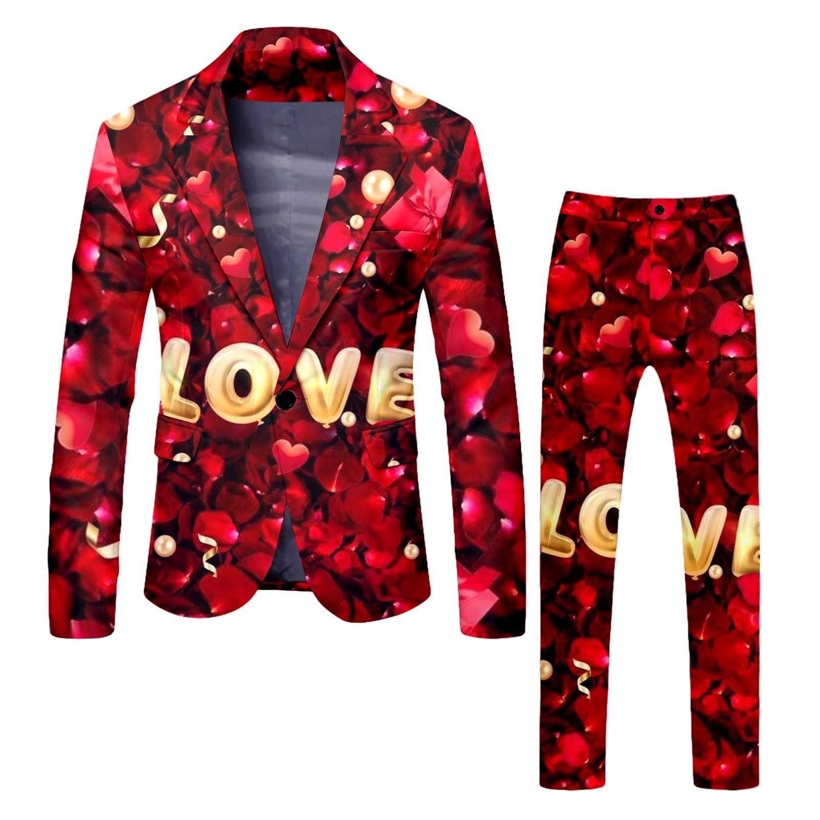 Costume pour homme avec motif cœur, blazer à manches longues + pantalon, 2 pièces, costume formel, coupe ajustée, veste de costume et pantalon de costume, tenue de Saint-Valentin, tenue