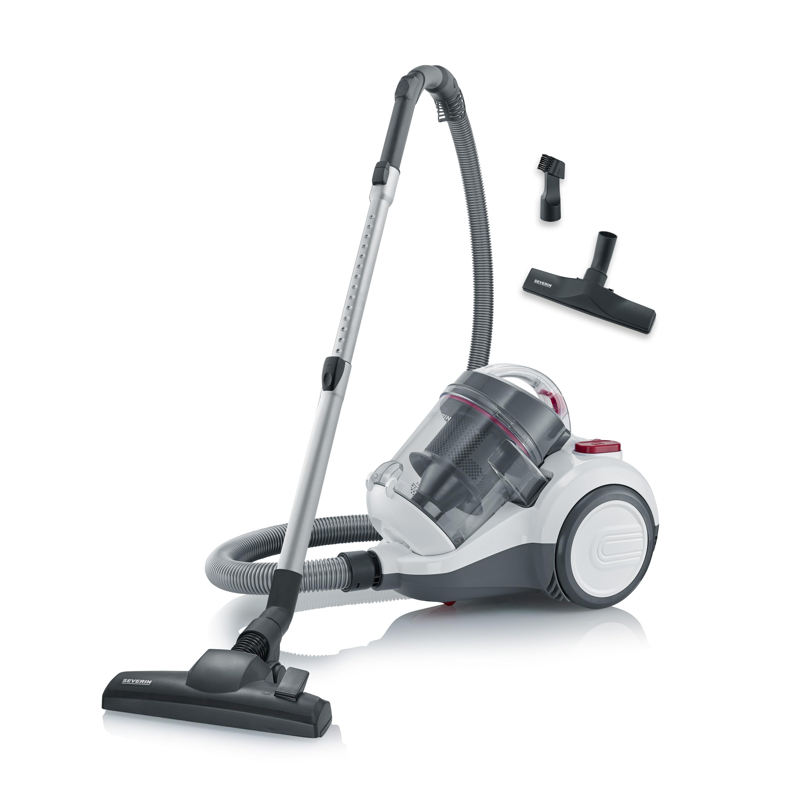 Severin Beutelloser Zyklon-Staubsauger, Bodenstaubsauger für konstante Saugkraft, Staubsauger ohne Beutel, 800 W, 9 m Aktionsradius, 79 dB, 2,1 L Volumen, weiß-rot-anthrazit, CY 7088