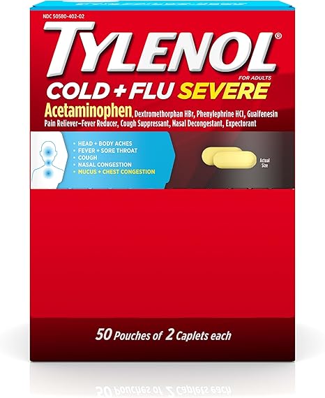 Tylenol Cold + Flu Severe Medicine Caplets for Cold & Flu Symptom Relief, Fever Reducer, Pain Reliever, Cough Suppressant, Nasal Decongestant & Expectorant, 50 Pouches of 2 ct.