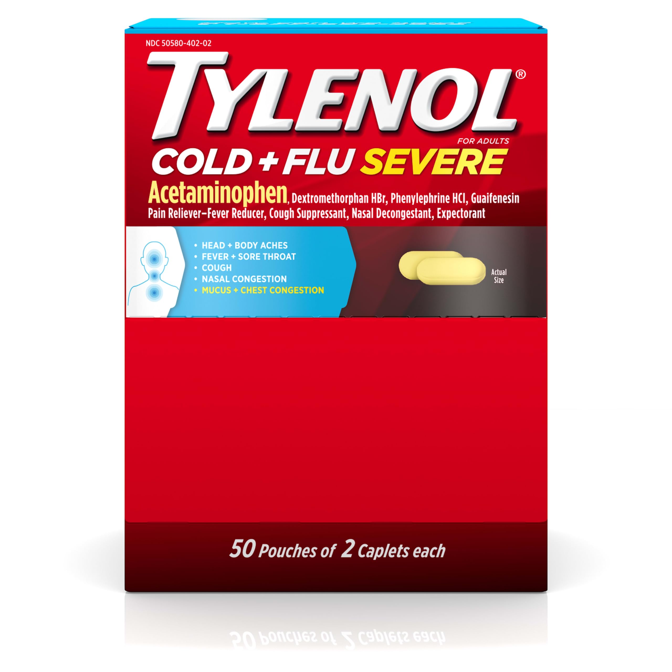 Tylenol Cold + Flu Severe Medicine Caplets for Cold & Flu Symptom Relief, Fever Reducer, Pain Reliever, Cough Suppressant, Nasal Decongestant & Expectorant, 50 Pouches of 2 ct.