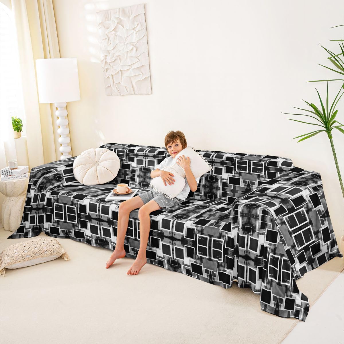 Homewish Funda de sofá geométrica en blanco y negro de 180 x 340 cm