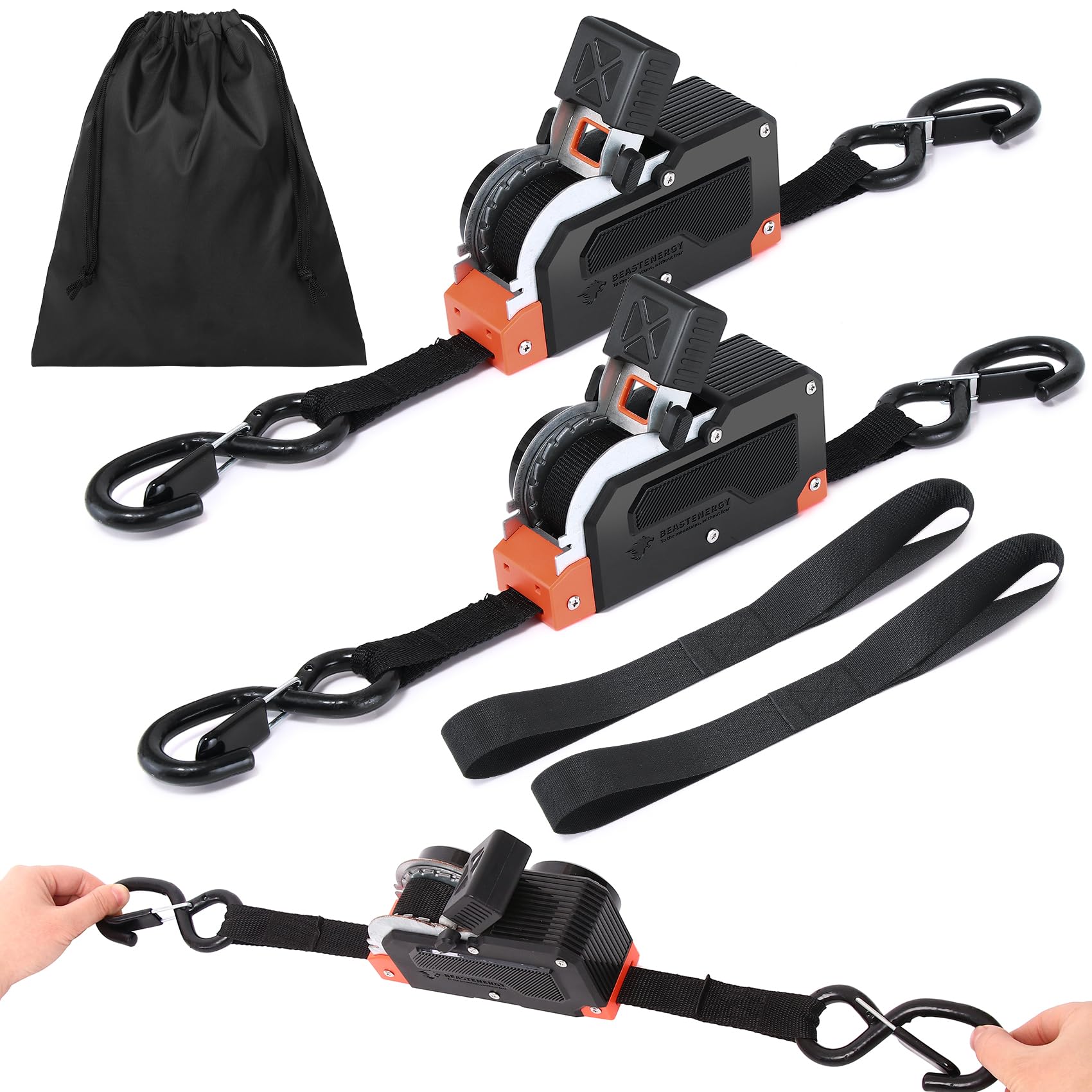 Photo 1 of Dual-End Retractable Ratchet Straps 1” x 16FT, 1500LB Heavy Duty Self Retracting Tie Down Straps, Black Nylon, Steel S-Hooks with Safety Clips for Motorcycle, Kayak, Boat, ATV, Trailer, 2-Pack