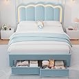 King Upholstered LED Bed Frame with 2 Storage Drawers and Adjustable Chic Double Wavy Headboard, Velvet Princess Platform Bed with Charing Station, Solid Wood Slats Support, No Box Spring Needed,Beige