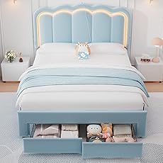 King Upholstered LED Bed Frame with 2 Storage Drawers and Adjustable Chic Double Wavy Headboard, Velvet Princess Platform Bed with Charing Station, Solid Wood Slats Support, No Box Spring Needed,Beige