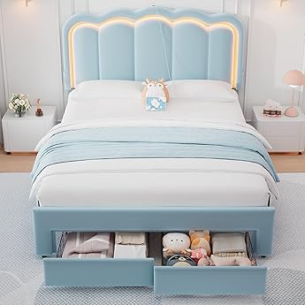 King Upholstered LED Bed Frame with 2 Storage Drawers and Adjustable Chic Double Wavy Headboard, Velvet Princess Platform Bed with Charing Station, Solid Wood Slats Support, No Box Spring Needed,Beige
