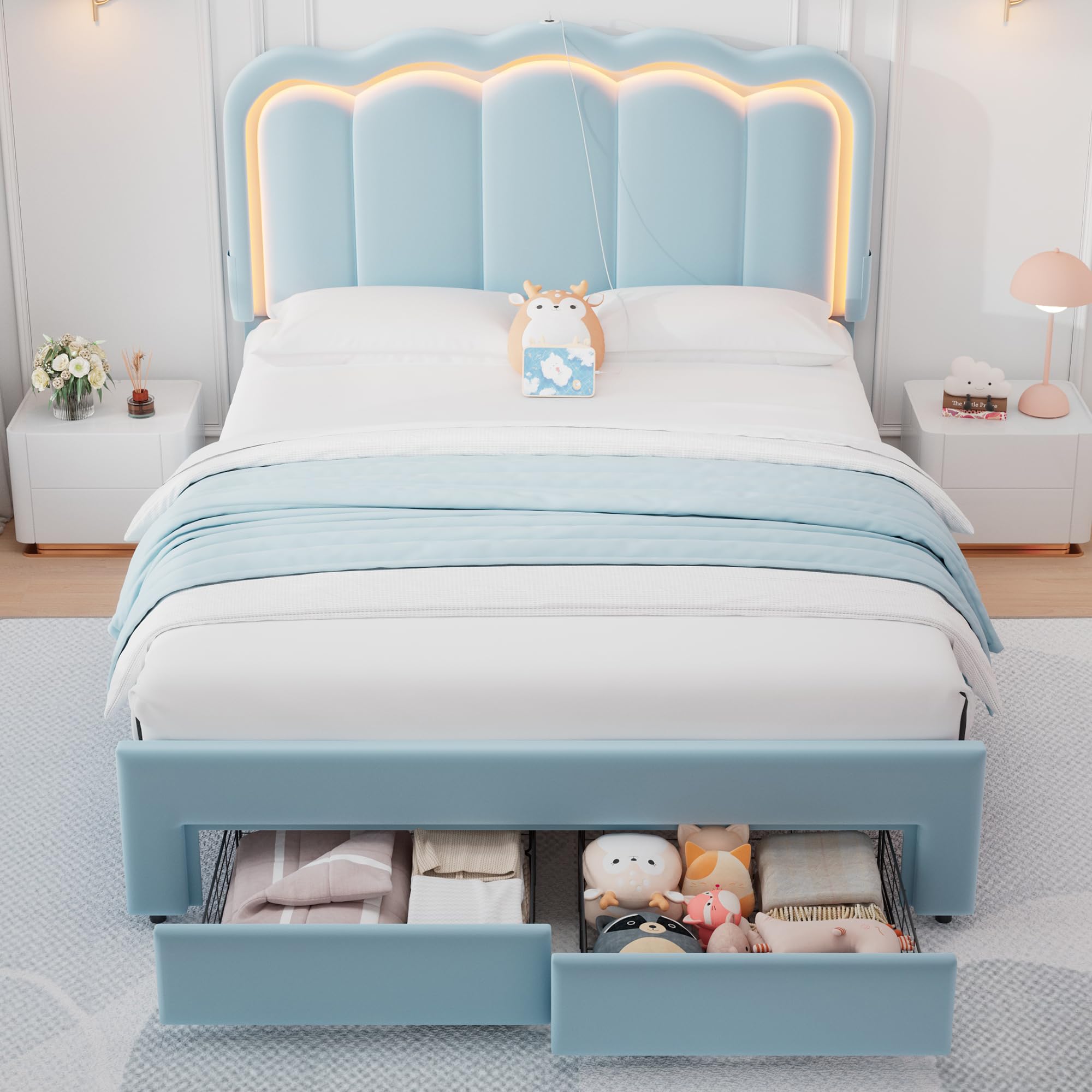 Queen Upholstered LED Bed Frame with 2 Storage Drawers and Adjustable Chic Double Wavy Headboard, Velvet Princess Platform Bed with Charing Station, Solid Wood Slats Support,No Box Spring Needed, Pink: Blue Full