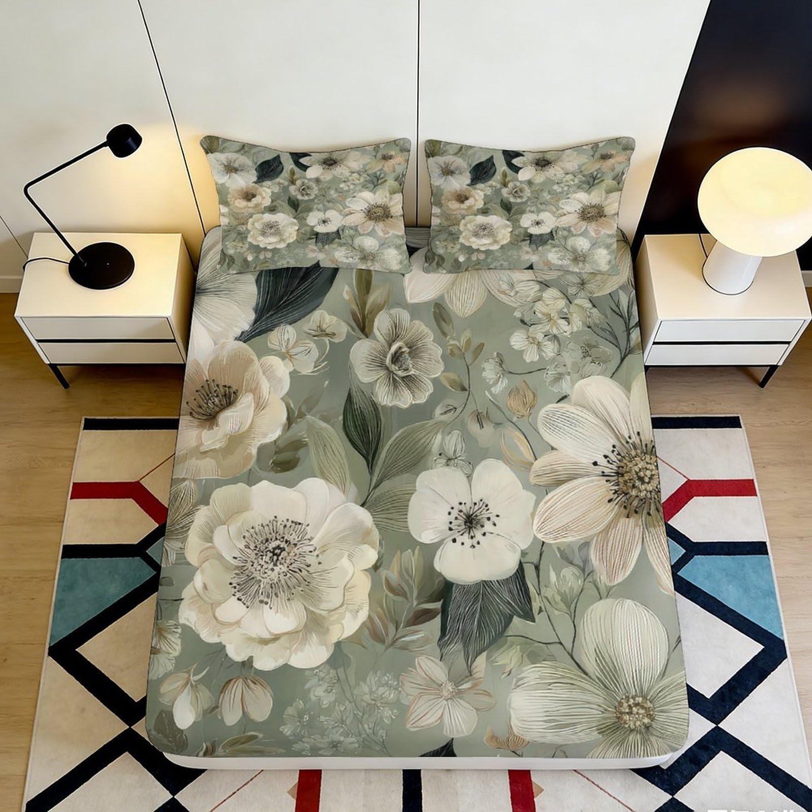 3D Printed Vintage Floral Fitted Sheet Microfiber Soft Botanical Bloom Mattress Cover for Bedroom Guest Room Decor 140x200x25cm