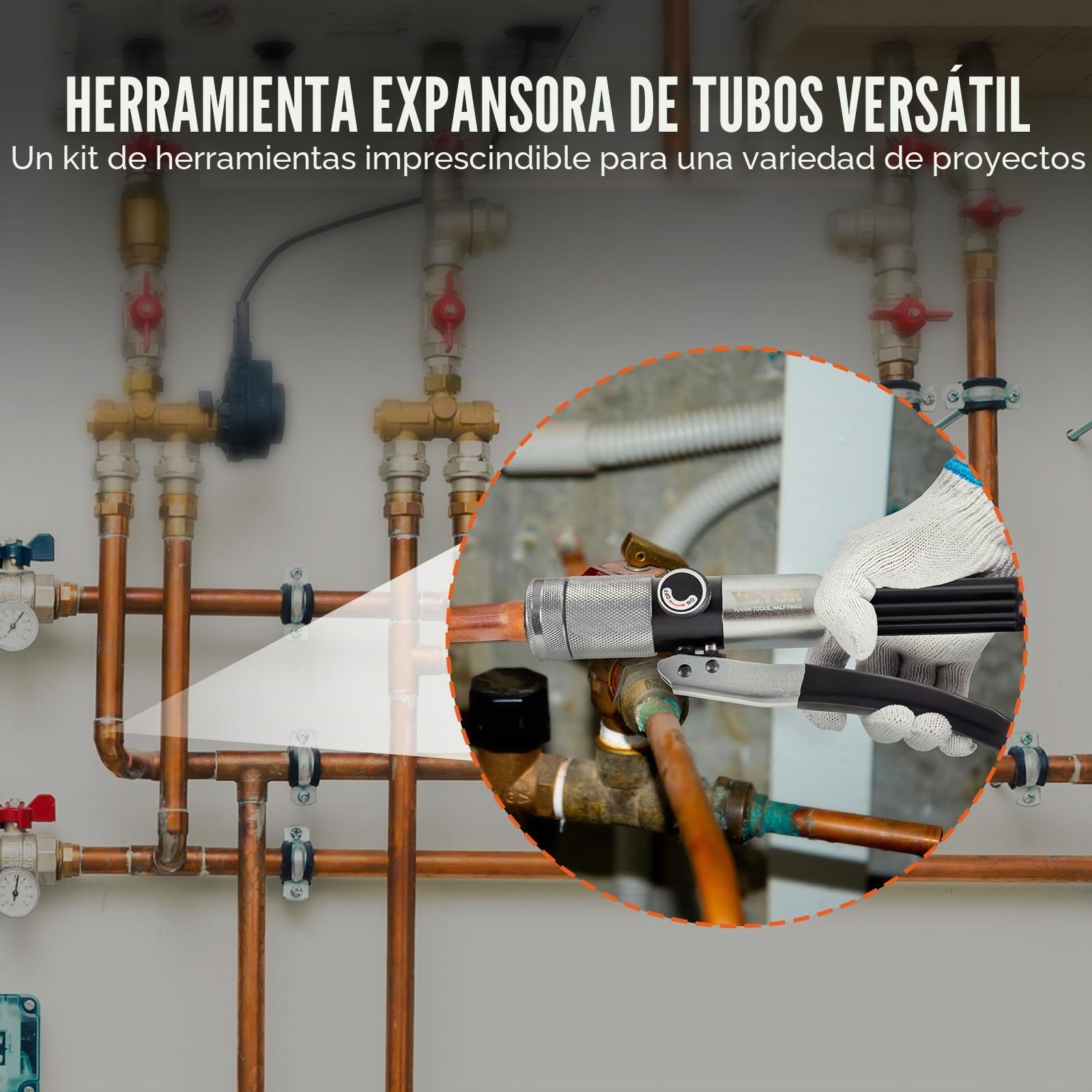 VEVOR Expansor Hidráulico de Tubos HAVC de 3/8" a 1-1/8" Kit de Estirador de Tuberías con 7 Cabezales de Expansión Herramienta Desbarbadora Cortatubos para Tubos de Cobre Aluminio Latón Acero Blando