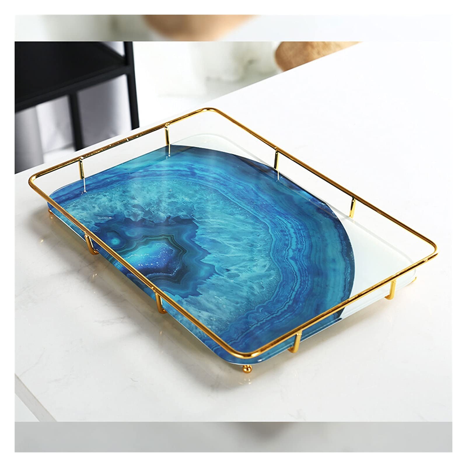 Serviertablett/Tabletts Gold Makeup Organizer Kosmetik Lagerung Badezimmer Organizer Countertop Display Eitelkeit Tray in der Kommode Edelstahl Regal Marmordruck Keramikfach Serviertabletts/Dekotablet