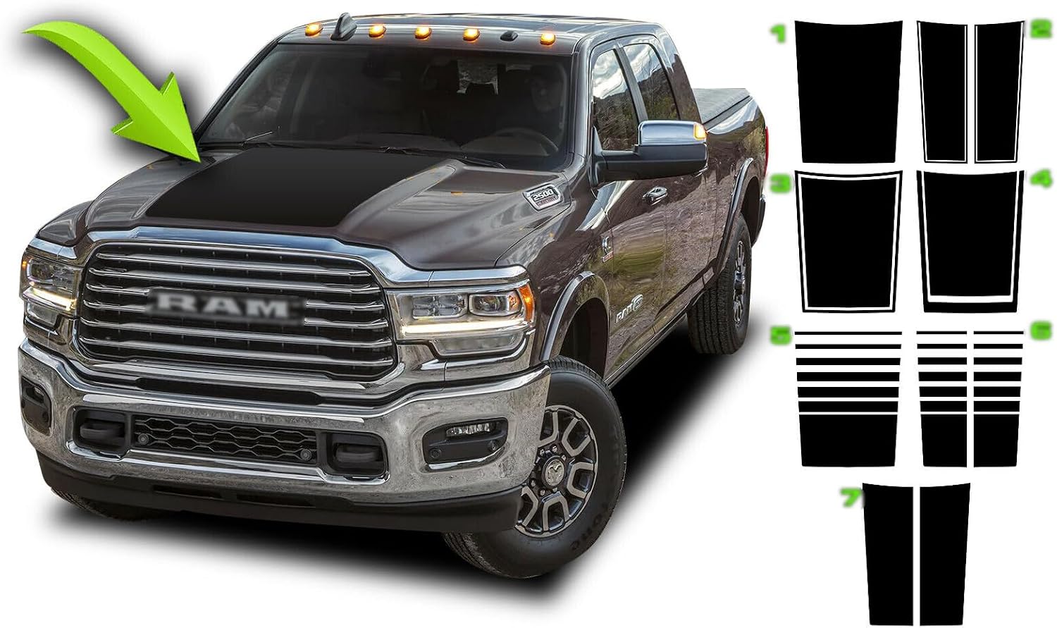 Hood Blackout Racing Stripe Vinyl Graphics Kit Decal Sticker Compatible with Dodge Ram HD 2500 3500 2019 2020 2021 2023 2024 (Matte Black)
